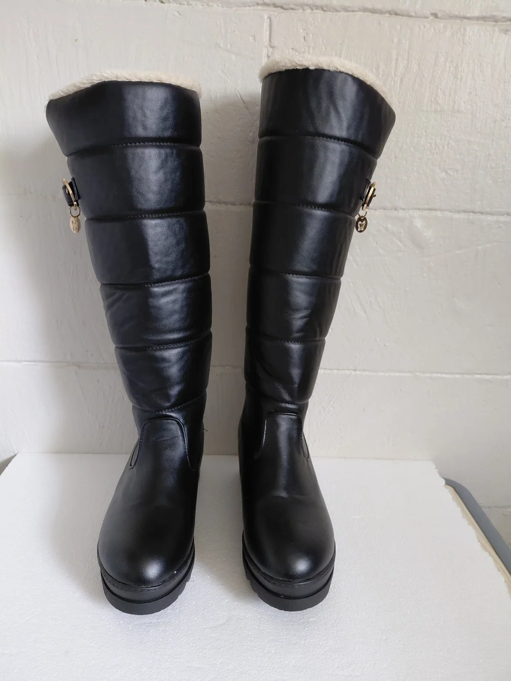 Women's Black Quilted Faux-Leather Tall Winter Boots with Faux-Fur Lining